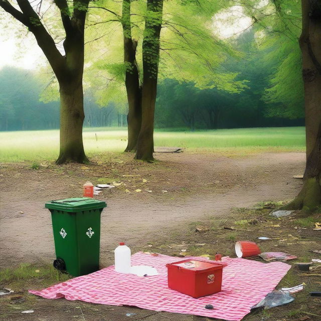 Depict a scene of a picnic site where garbage has been carelessly spilled near a dustbin, but this time the dustbin is at a distance