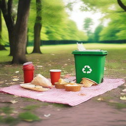 Depict a scene of a picnic site where garbage has been carelessly spilled near a dustbin, but this time the dustbin is at a distance