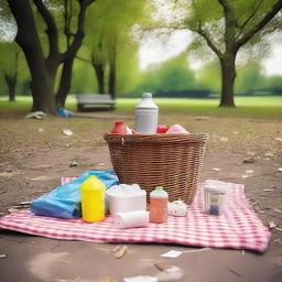 Depict a scene of a picnic site where garbage has been carelessly spilled near a dustbin, but this time the dustbin is at a distance