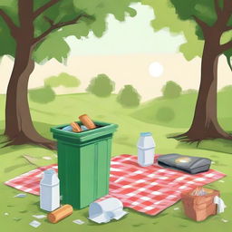 Illustrate a scene of a picnic site where garbage is spilled near a dustbin, which is a little far from the main picnic area