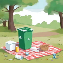 Illustrate a scene of a picnic site where garbage is spilled near a dustbin, which is a little far from the main picnic area