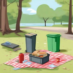 Illustrate a scene of a picnic site where garbage is spilled near a dustbin, which is a little far from the main picnic area