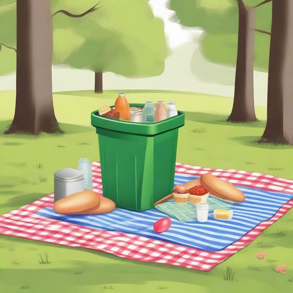 Illustrate a scene of a picnic site where garbage is spilled near a dustbin, which is a little far from the main picnic area