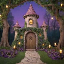 An enchanting photography backdrop inspired by Disney's 'Tangled', featuring Rapunzel's tower set amidst a verdant forest with vibrant, dusk-lit colors and fairy-tale charm.