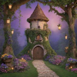 An enchanting photography backdrop inspired by Disney's 'Tangled', featuring Rapunzel's tower set amidst a verdant forest with vibrant, dusk-lit colors and fairy-tale charm.