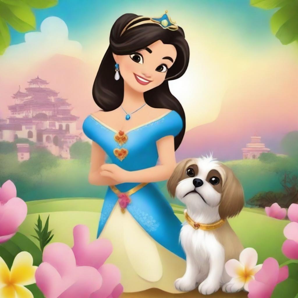 Create a Disney movie poster featuring a Filipina princess and her adorable Shih Tzu companion