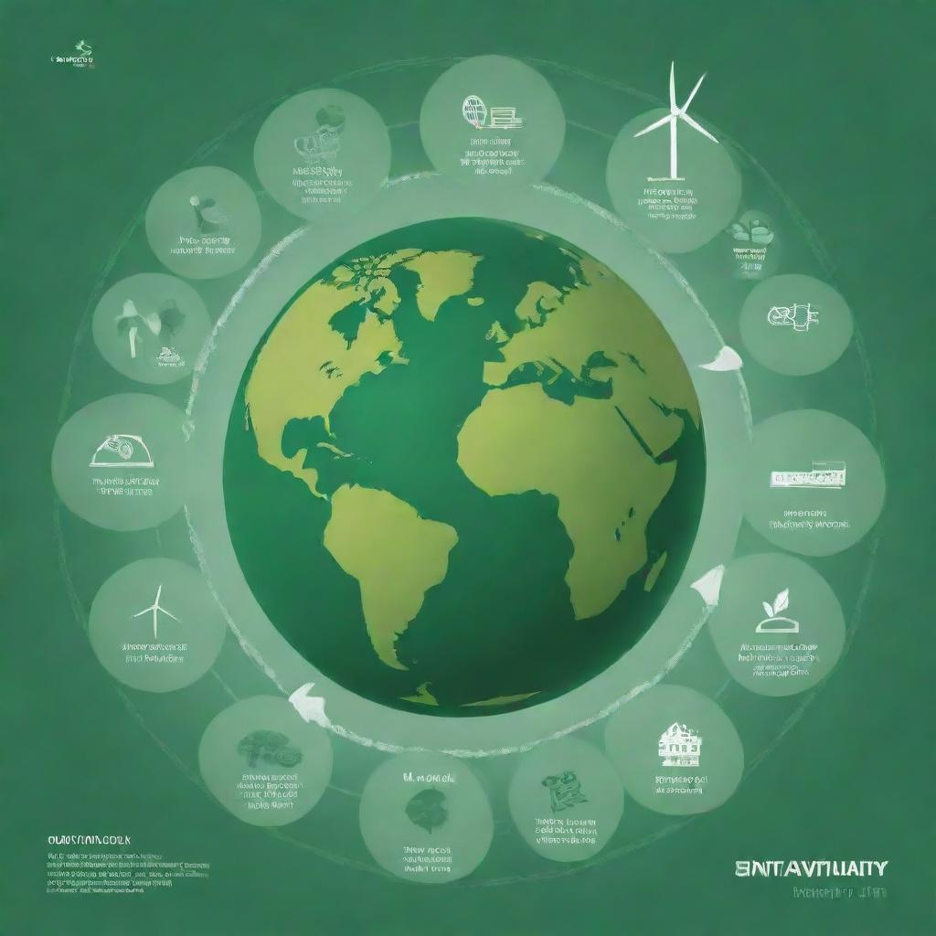 Illustration of a beautiful, green planet with overlaid text detailing clear, achievable sustainability goals. This also includes eco-friendly symbols like wind turbines, solar panels, and a recycle sign.