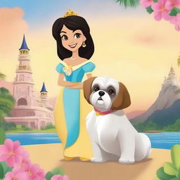 Create a Disney movie poster featuring a Filipina princess and her adorable Shih Tzu companion
