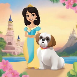 Create a Disney movie poster featuring a Filipina princess and her adorable Shih Tzu companion