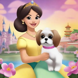 Create a Disney movie poster featuring a Filipina princess and her adorable Shih Tzu companion