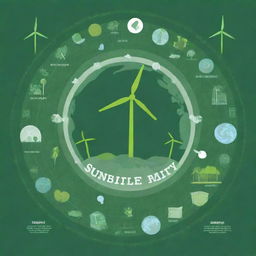 Illustration of a beautiful, green planet with overlaid text detailing clear, achievable sustainability goals. This also includes eco-friendly symbols like wind turbines, solar panels, and a recycle sign.