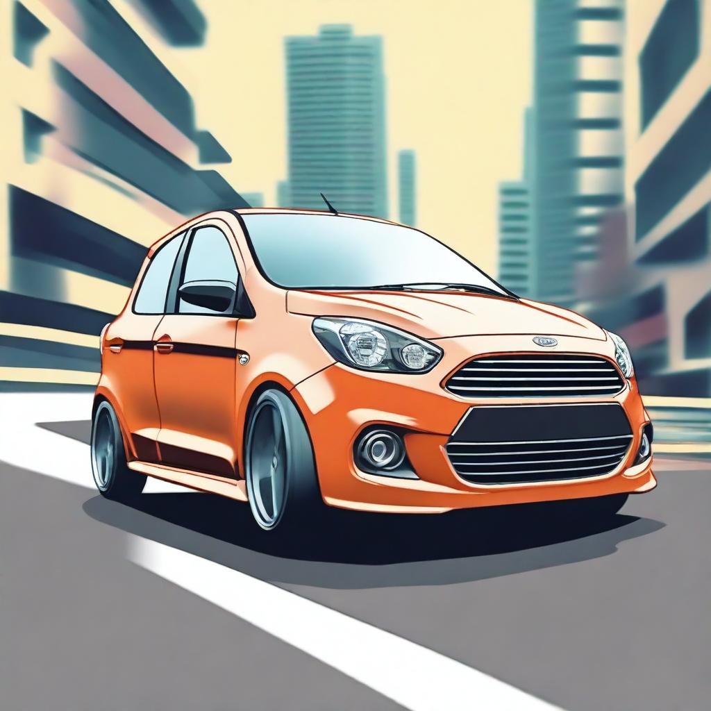 Create an anime-style image of a Ford Figo car drifting without any smoke