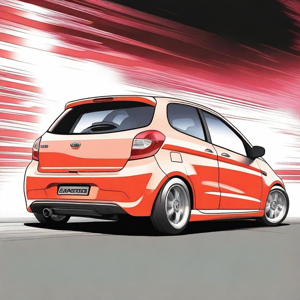 Create an anime-style image of the backside of a 2010 Ford Figo car drifting without any smoke