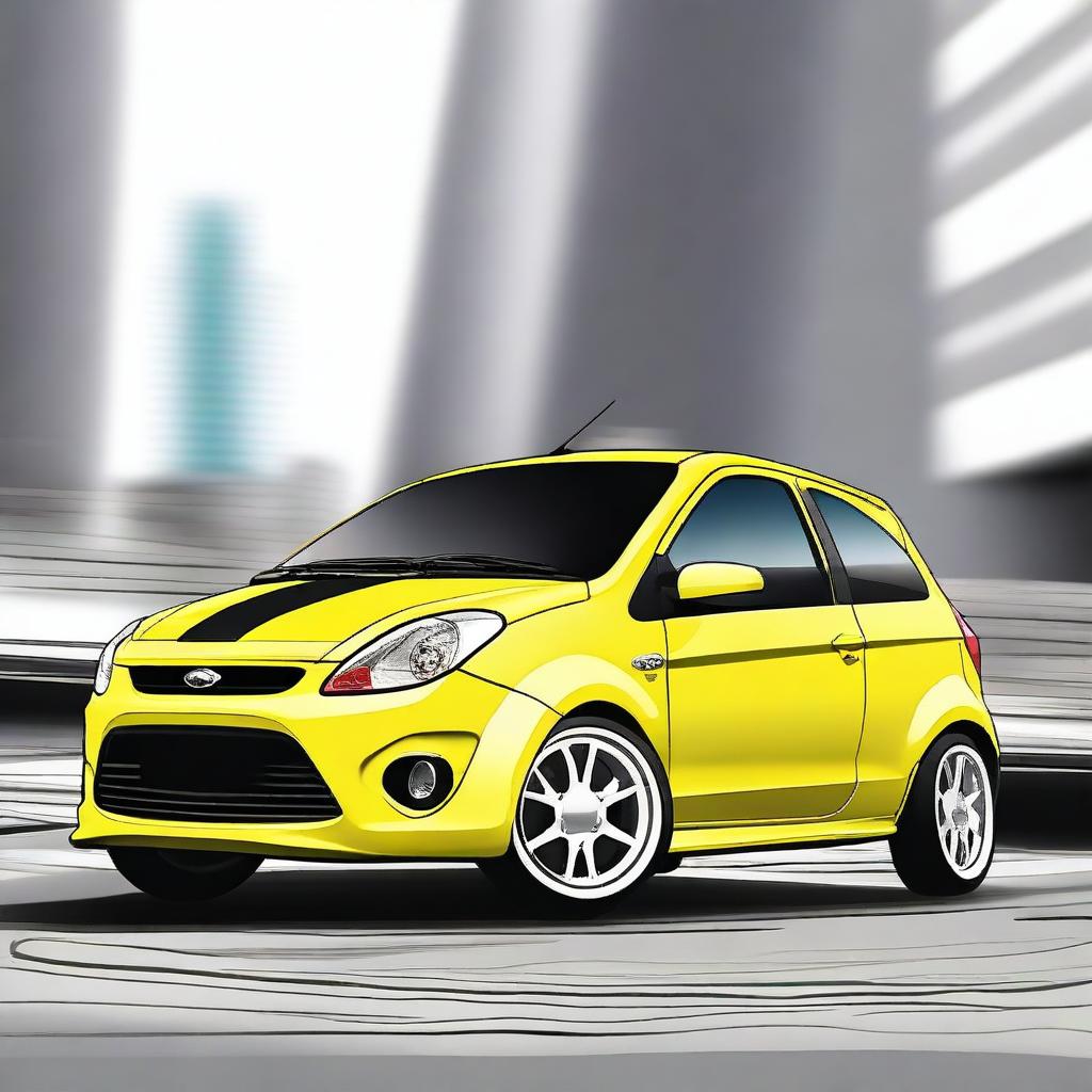 Create an anime-style image of the backside of a 2010 Ford Figo car drifting without any smoke