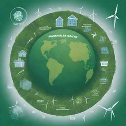 Illustration of a beautiful, green planet with overlaid text detailing clear, achievable sustainability goals. This also includes eco-friendly symbols like wind turbines, solar panels, and a recycle sign.