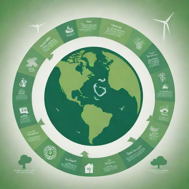 Illustration of a beautiful, green planet with overlaid text detailing clear, achievable sustainability goals. This also includes eco-friendly symbols like wind turbines, solar panels, and a recycle sign.