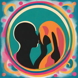 Generate a vibrant and colourful image that symbolizes 'Whispers of Conception and the Womb: How Early Memories Shape Our Life Journey', focusing on a man, a woman, and their child in the womb