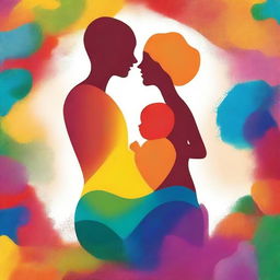 Generate a vibrant and colourful image that symbolizes 'Whispers of Conception and the Womb: How Early Memories Shape Our Life Journey', focusing on a man, a woman, and their child in the womb