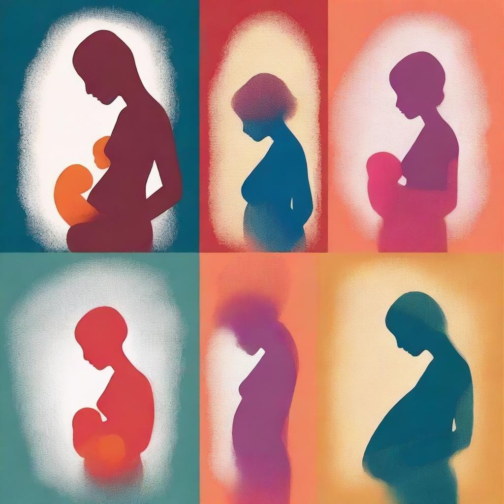 Generate a series of vibrant and colourful images that symbolize 'Whispers of Conception and the Womb: How Early Memories Shape Our Life Journey', focusing on a man, a woman, and their child in the womb