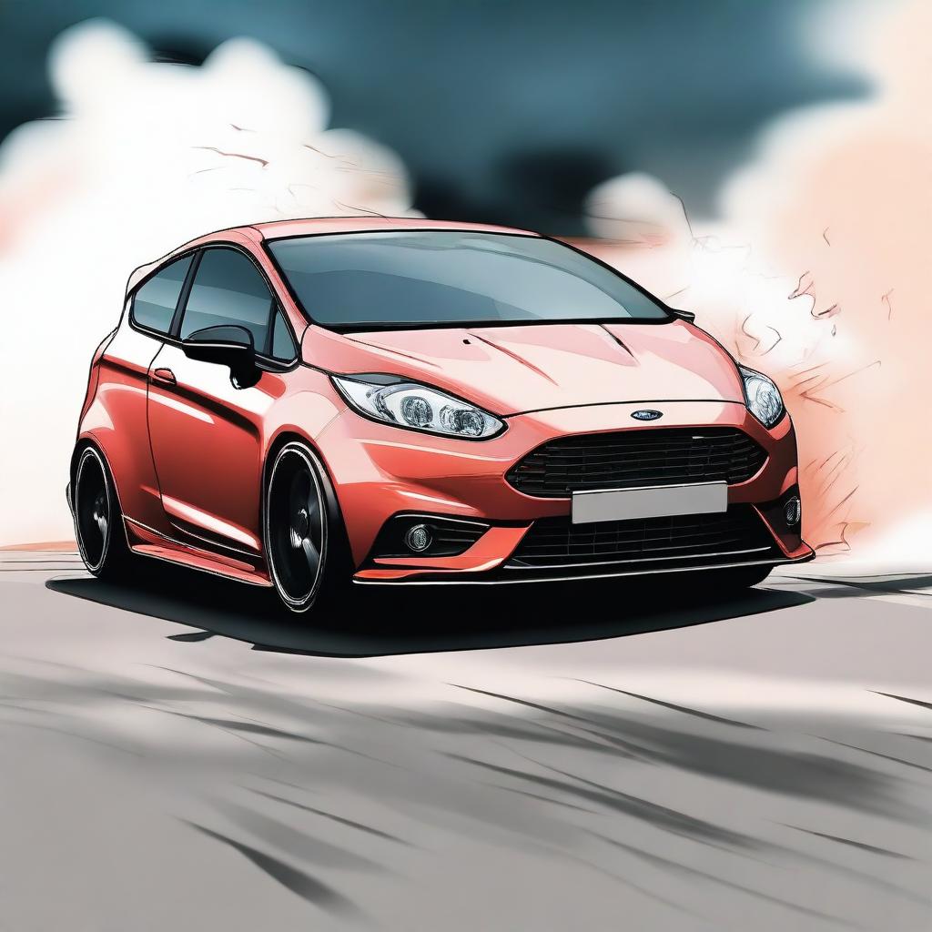 Create an anime style image of the backside of a Ford Fiesta performing a smokeless drift