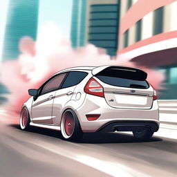 Create an anime style image of the backside of a Ford Fiesta performing a smokeless drift