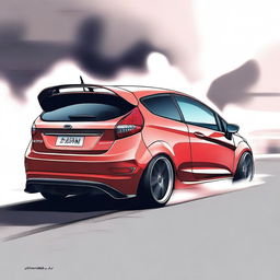 Create an anime style image of the backside of a Ford Fiesta performing a smokeless drift