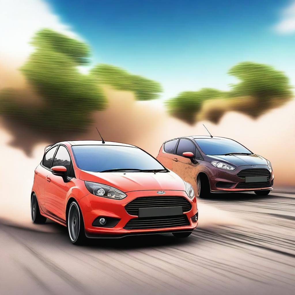 Generate an anime style image showcasing the backsides of a Ford Figo and Ford Fiesta performing a smokeless drift side by side