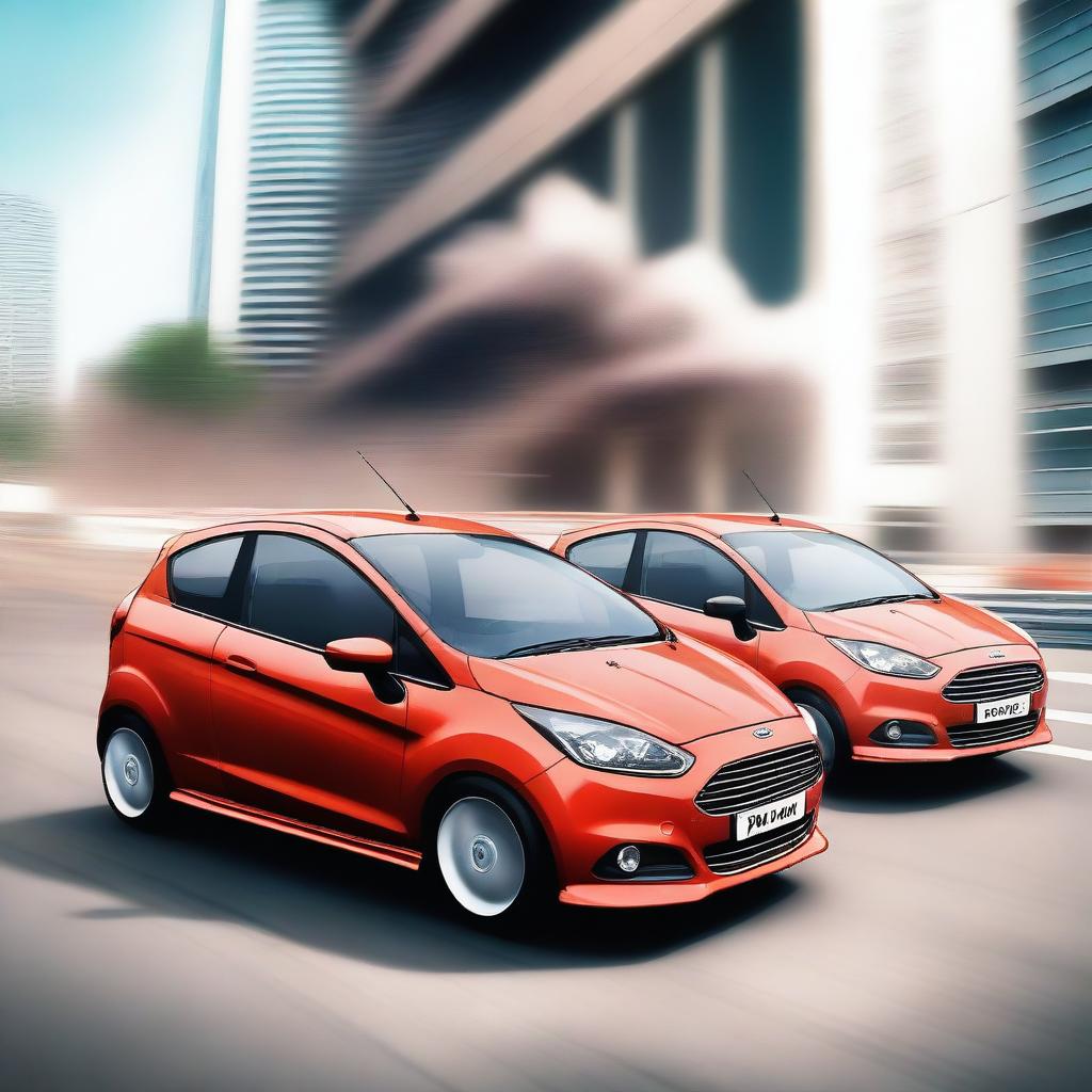 Generate an anime style image showcasing the backsides of a Ford Figo and Ford Fiesta performing a smokeless drift side by side