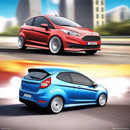 Generate an anime style image showcasing the backsides of a Ford Figo and Ford Fiesta performing a smokeless drift side by side