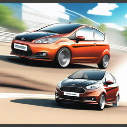 Generate an anime style image showcasing the backsides of a Ford Figo and Ford Fiesta performing a smokeless drift side by side