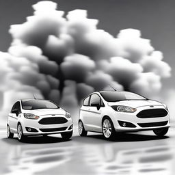 Generate a manga style image showcasing the backsides of older models of a Ford Figo and Ford Fiesta performing a smokeless drift side by side