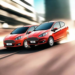 Generate a manga style image showcasing the backsides of older models of a Ford Figo and Ford Fiesta performing a smokeless drift side by side