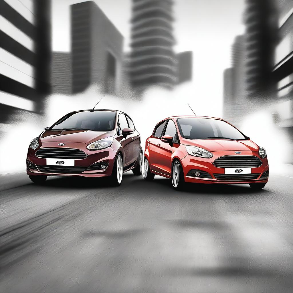 Generate a manga style image showcasing the backsides of older models of a Ford Figo and Ford Fiesta performing a smokeless drift side by side