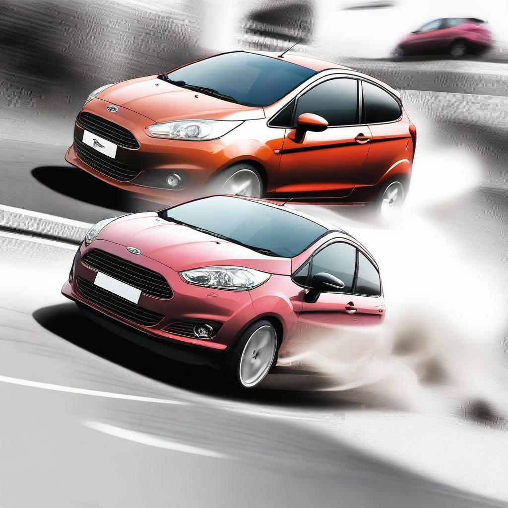 Generate a manga style image showcasing the backsides of stance older models of a Ford Figo and Ford Fiesta performing a smokeless drift side by side