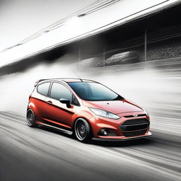 Generate a manga style image showcasing the backsides of stance older models of a Ford Figo and Ford Fiesta performing a smokeless drift side by side