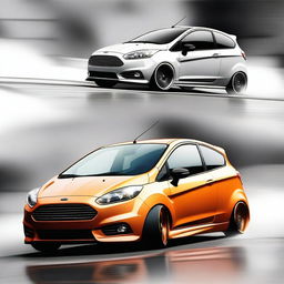 Generate a manga style image showcasing the backsides of stance older models of a Ford Figo and Ford Fiesta performing a smokeless drift side by side