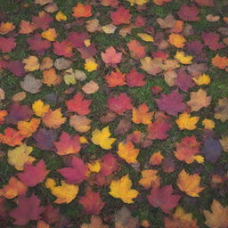 An assortment of colorful autumn leaves delicately scattered across a forest floor, kissed by the early morning sun.