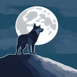 Generate an image of a majestic wolf standing on a hill during a full moon night