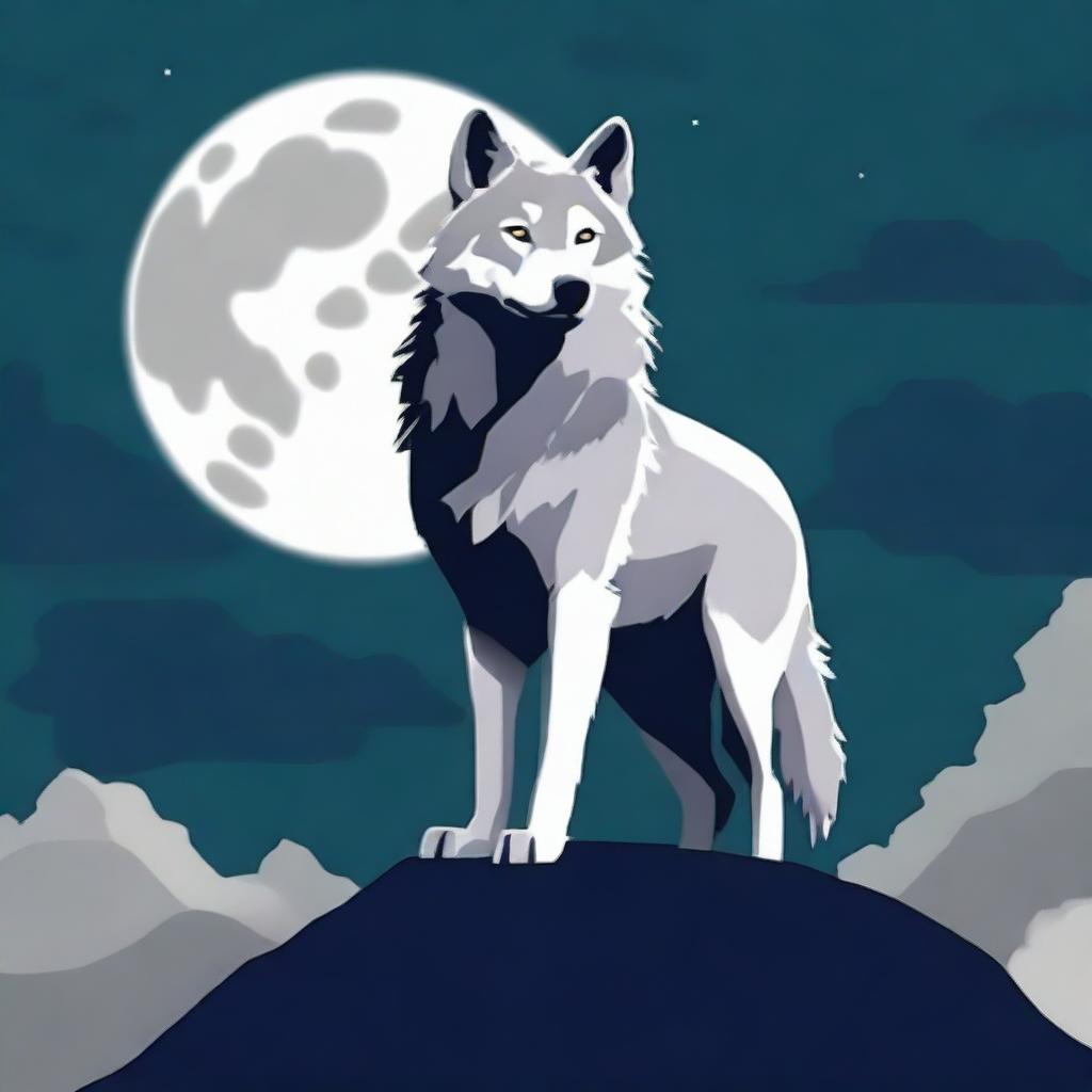 Generate an image of a majestic wolf standing on a hill during a full moon night