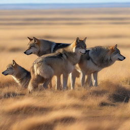 Generate an image of a wolf pack in the Inner Mongolian Grasslands