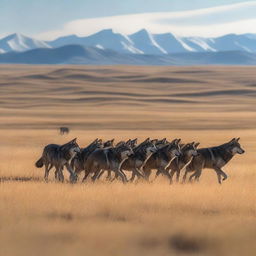 Generate an image of a wolf pack in the Inner Mongolian Grasslands