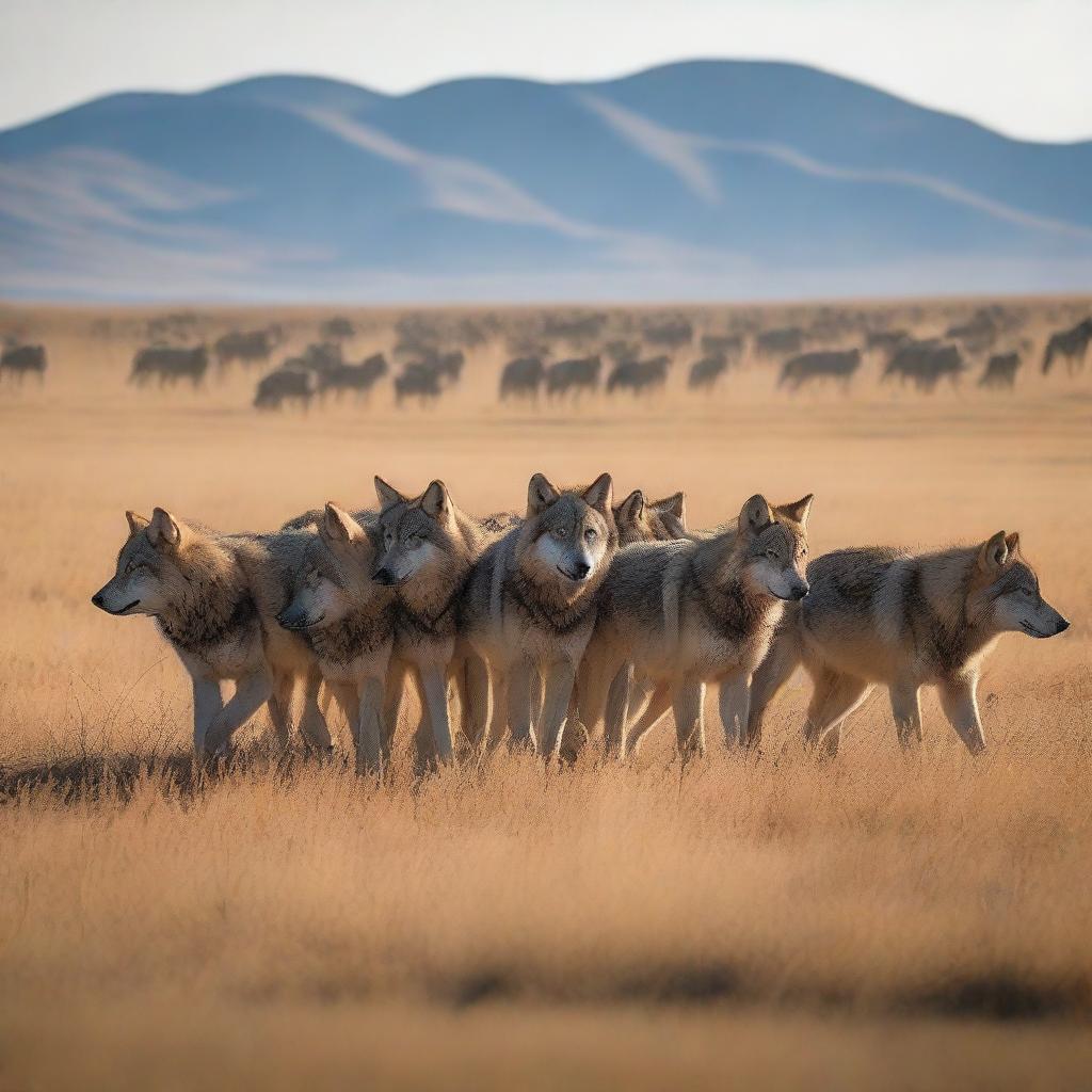 Generate an image of a wolf pack in the Inner Mongolian Grasslands