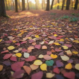 An assortment of colorful autumn leaves delicately scattered across a forest floor, kissed by the early morning sun.