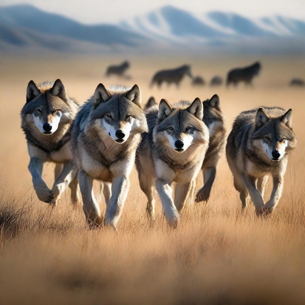 Generate an image of a wolf pack in the Inner Mongolian Grasslands in the style of a movie poster