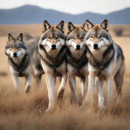 Generate an image of a wolf pack in the Inner Mongolian Grasslands in the style of a movie poster