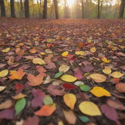 An assortment of colorful autumn leaves delicately scattered across a forest floor, kissed by the early morning sun.