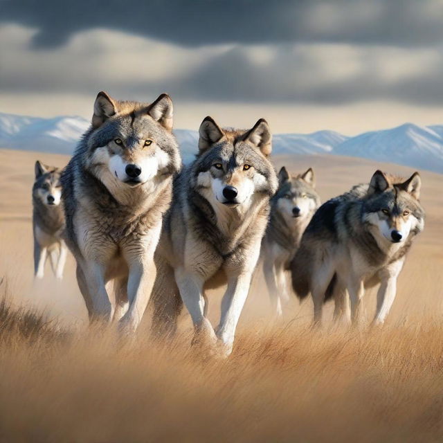 Generate an image of a wolf pack in the Inner Mongolian Grasslands in the style of a movie poster