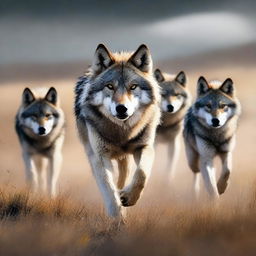 Generate an image of a wolf pack in the Inner Mongolian Grasslands in the style of a movie poster