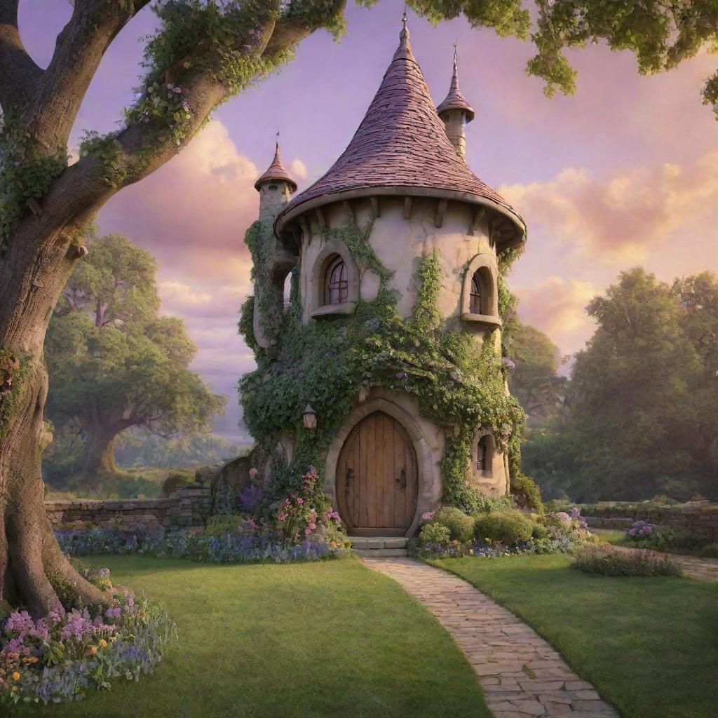 A magical photography backdrop showcasing Rapunzel's tower from Disney's 'Tangled', set in a lush landscape. The tower should be intricately detailed, with glowing, fairy-tale-like ambiance.