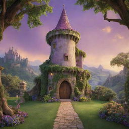 A magical photography backdrop showcasing Rapunzel's tower from Disney's 'Tangled', set in a lush landscape. The tower should be intricately detailed, with glowing, fairy-tale-like ambiance.